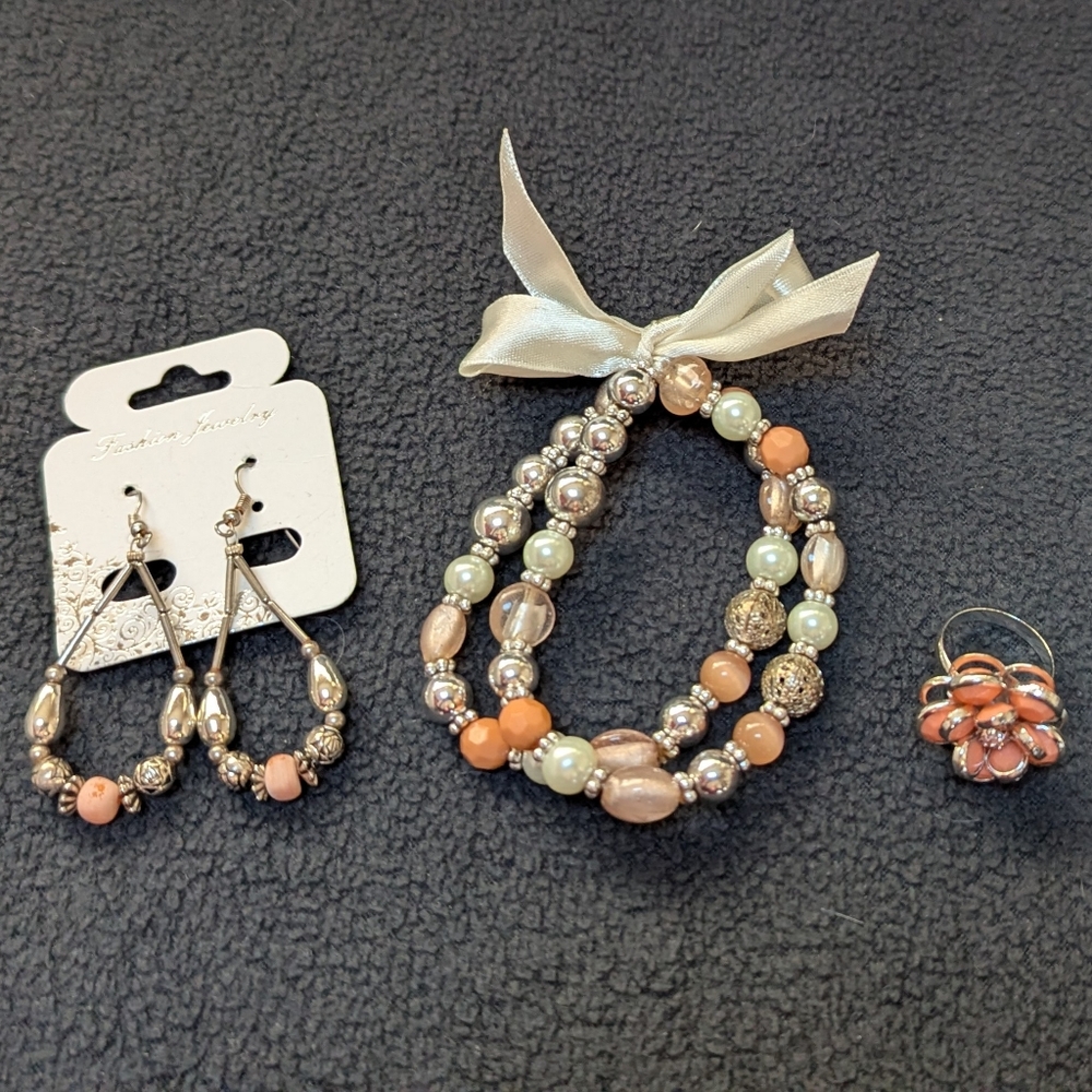 Elegant Beaded Jewelry Set with Earrings and Ring